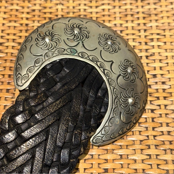 Vintage Lunar Eclipse Leather Braided Slouch Boho Belt Embellished Buckle Gypsy - Picture 3 of 6